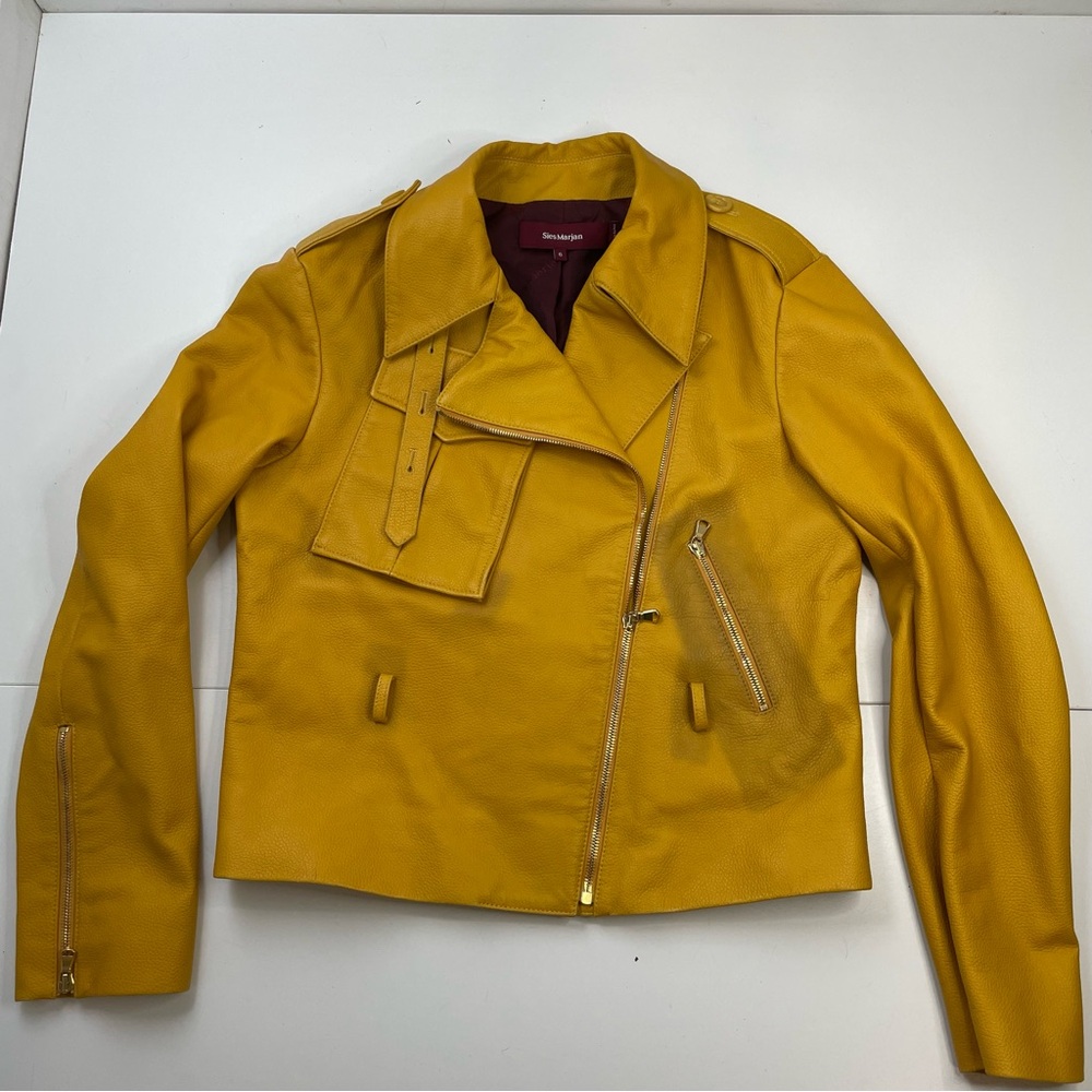 Sies Marjan Pebbled Leather Moto Jacket Coastal Cowgirl Yellow Women Sz 6 FLAWED